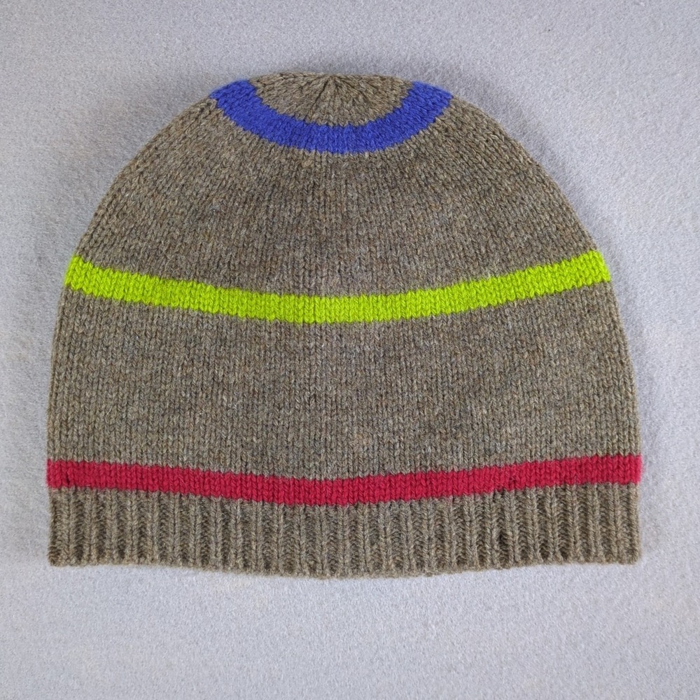 Garnet Hill Beanie Cap Hat Womens Small Brown Striped Rings 100% Lambswool Knit